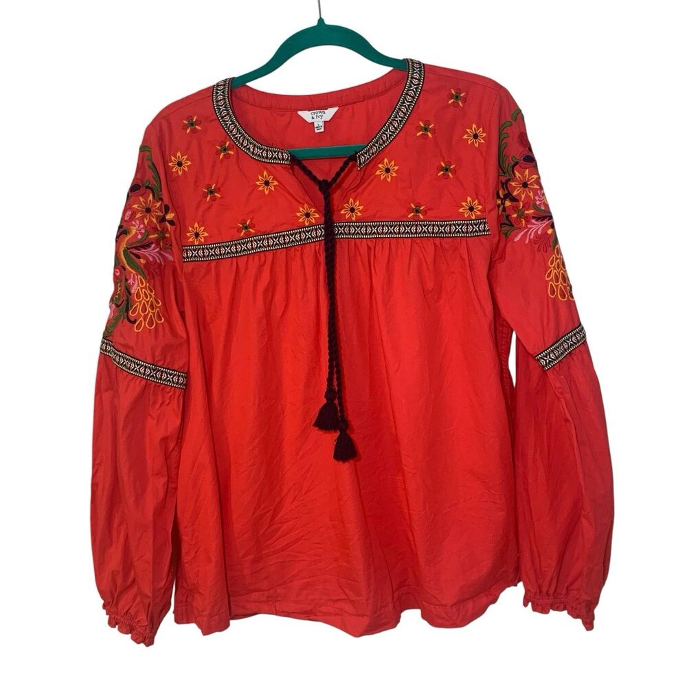 Crown And Ivy Womens Red Cotton Peasant Blouse L Embroidered Tassel Tie Cottage